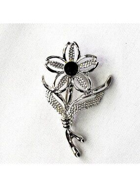 Silver-Tone Flower Brooch 1967 "Black Beauty" collection By Sarah Coventry